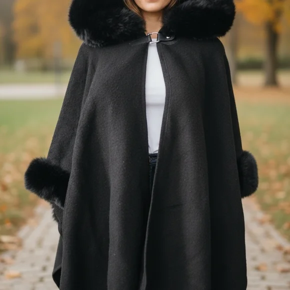 Vince Camuto Black Fur-Trimmed Cape One Size New With Partial Tags - Picture 1 of 6